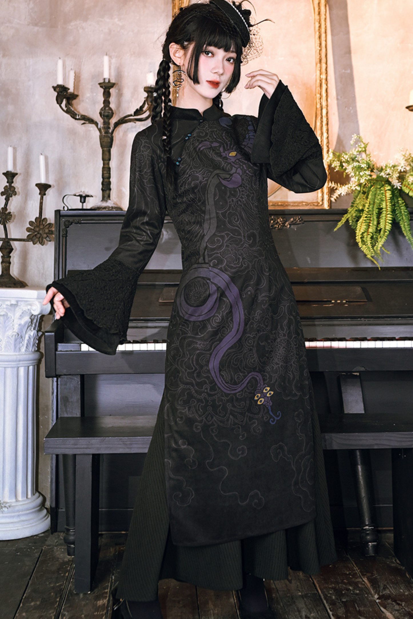 Weird House "Five Poisons" dark print cheongsam long skirt female design sense tassel shawl cloak new Chinese suit