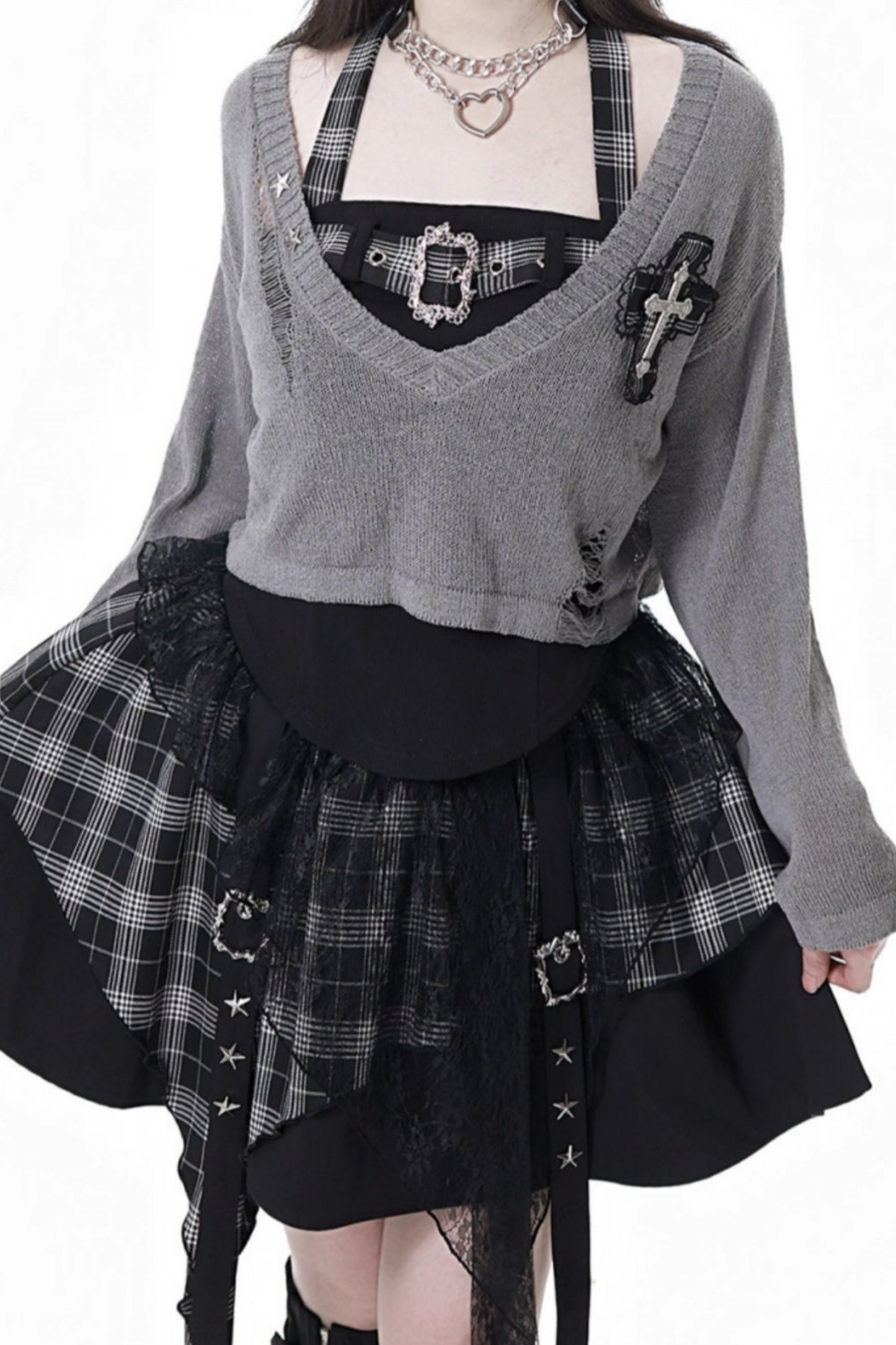 ホルターネックベスト+ルーズトップス+チェックスカート+レッグウォーマー