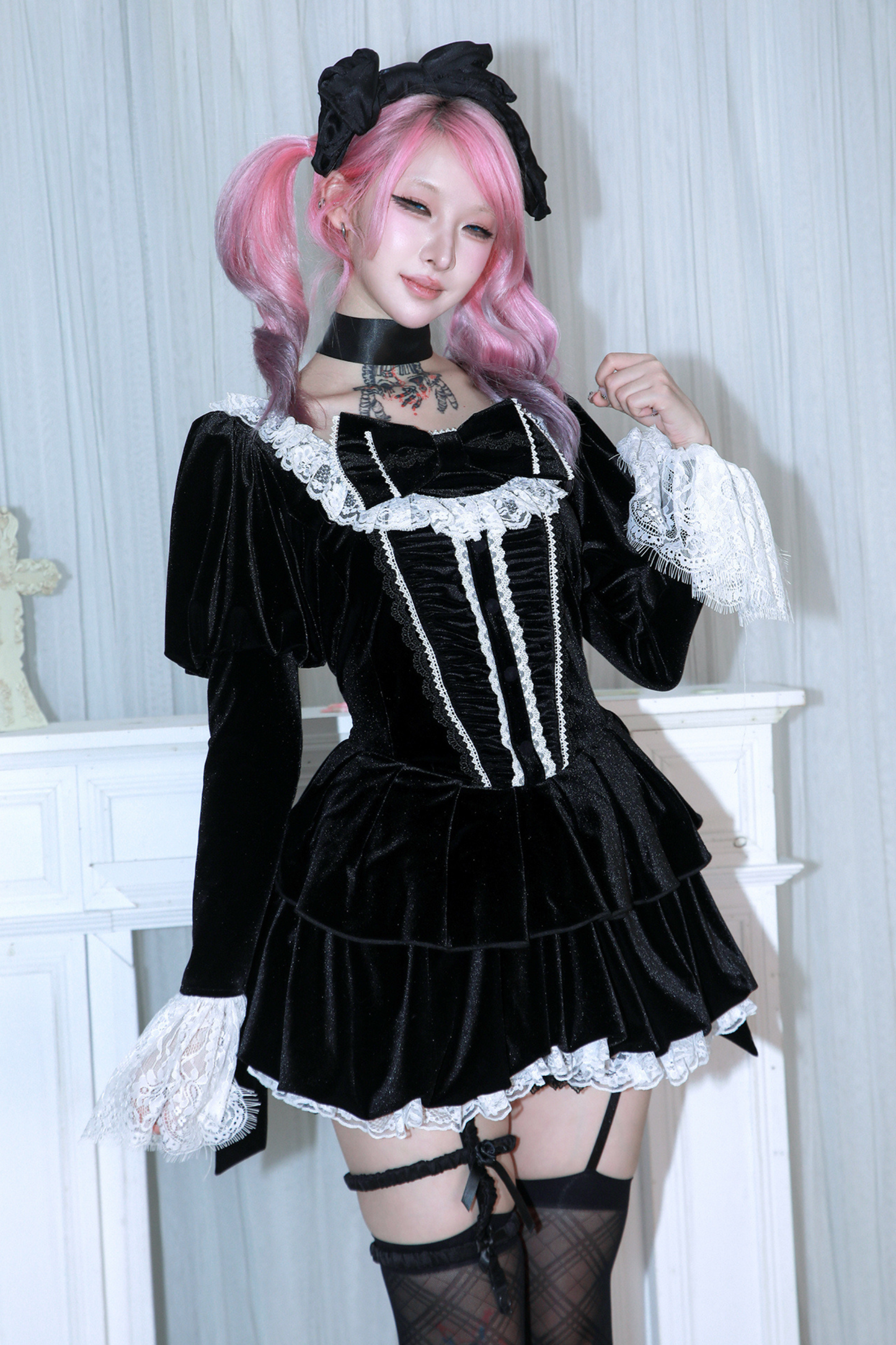 リボンゴシックベルベットレースドレス