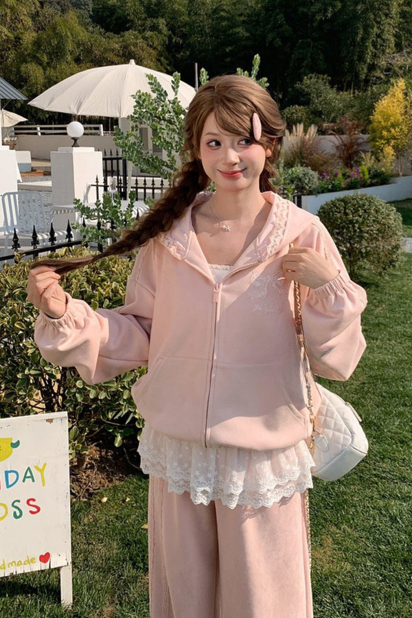 レースパッチワークフーデッドジャケット+パンツ+トップス