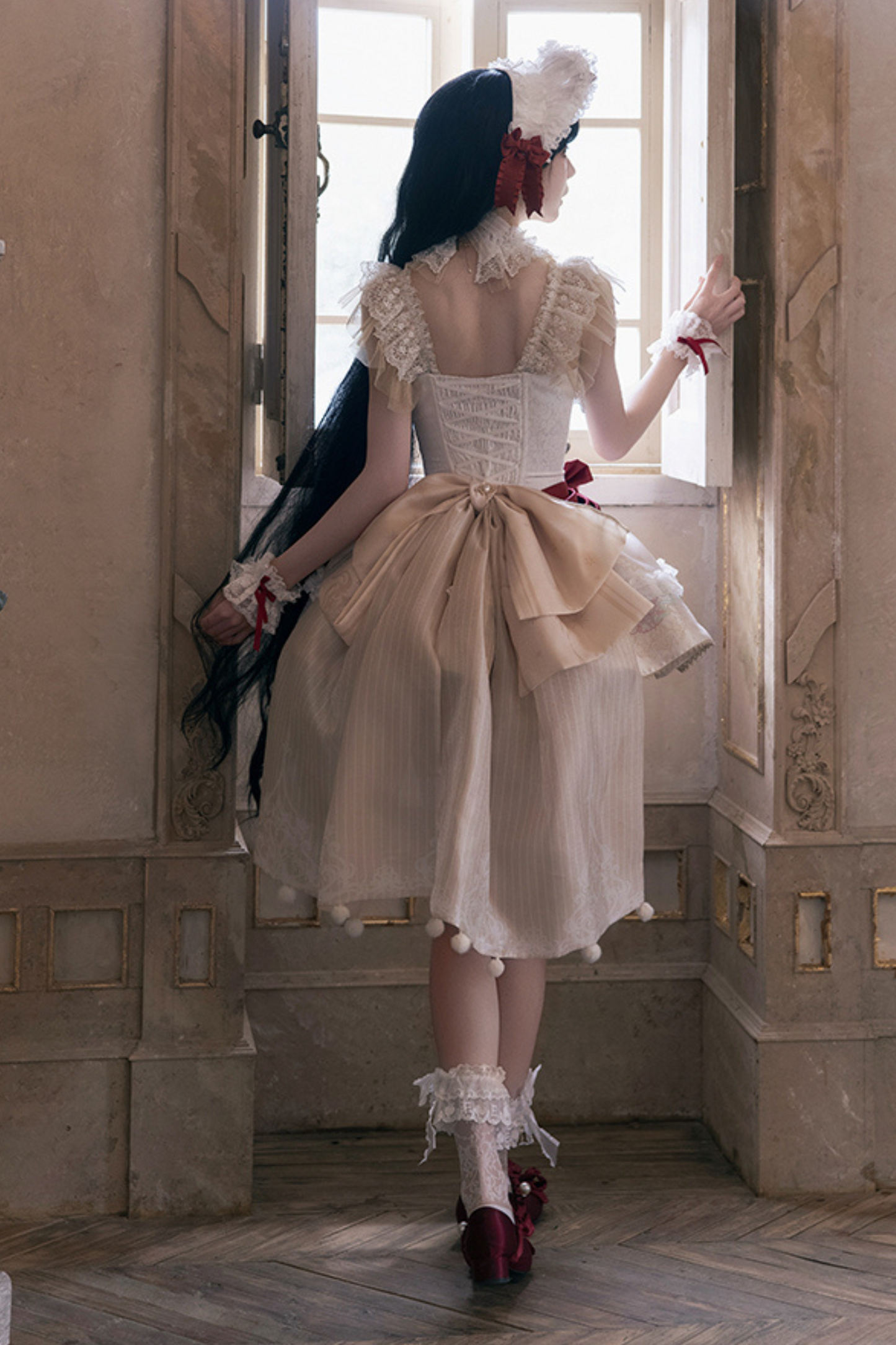 白雪プリンセスロリータドレス+ボンネット+レースチョーカー