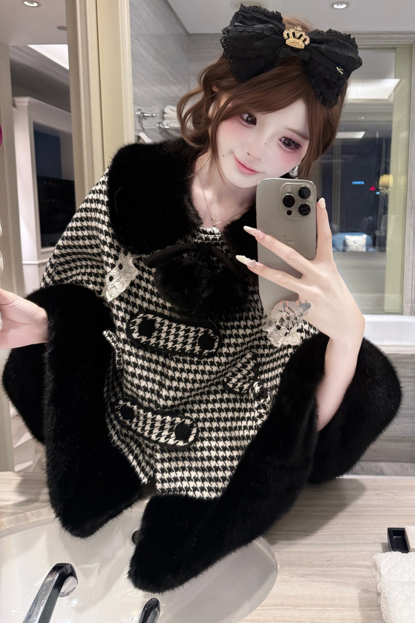 千鳥格子ケープコート