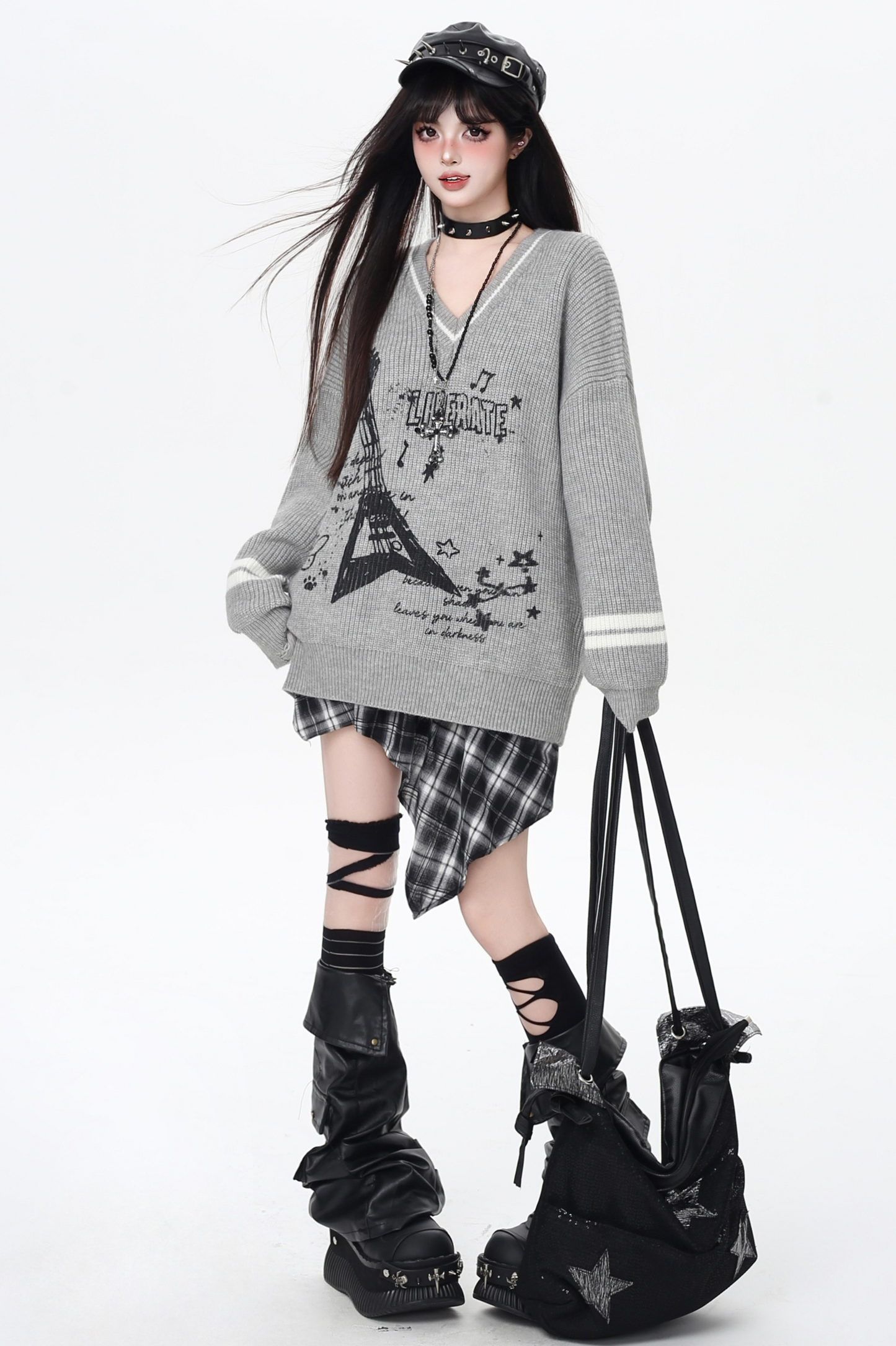 クールロックスタイルギターVネックルーズロングスリーブニット