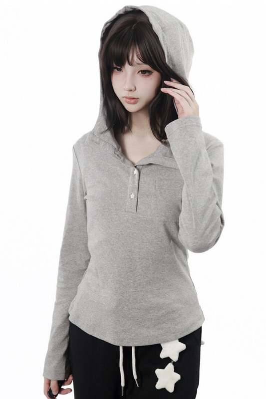 Star Button Hooded Top