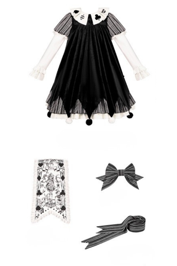 ドールサーカスピエロロリータドレス+カチューシャ+ベルト+リボン+カチューシャ+バッフル