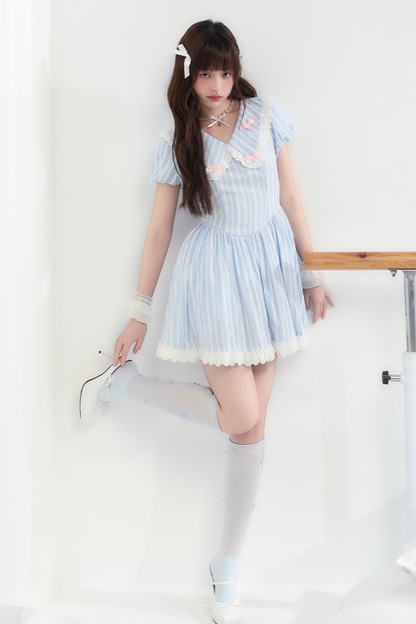Lace Ribbon Blue Striped Dress