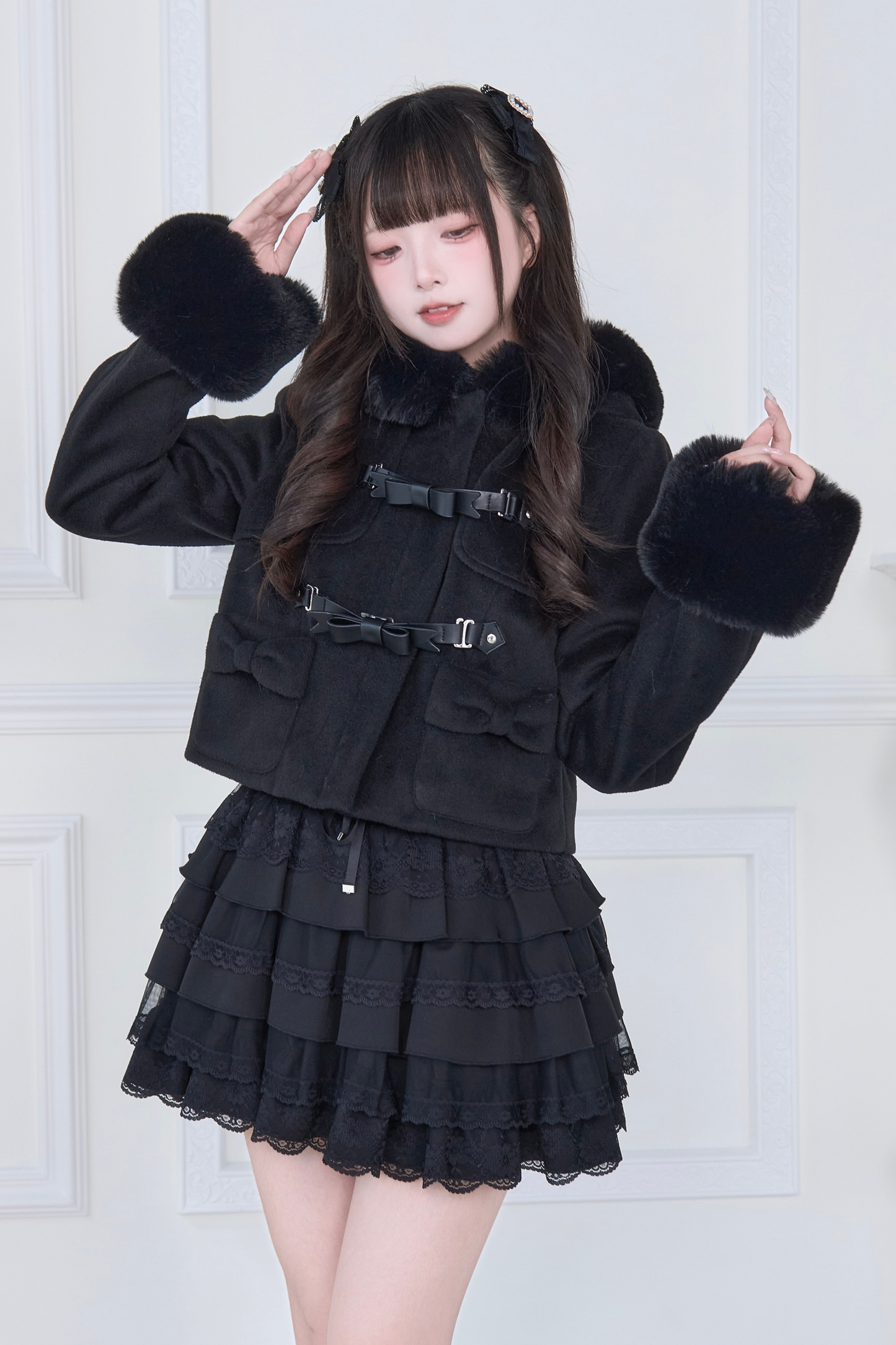 Ribbon Buckle Fur Short Coat
