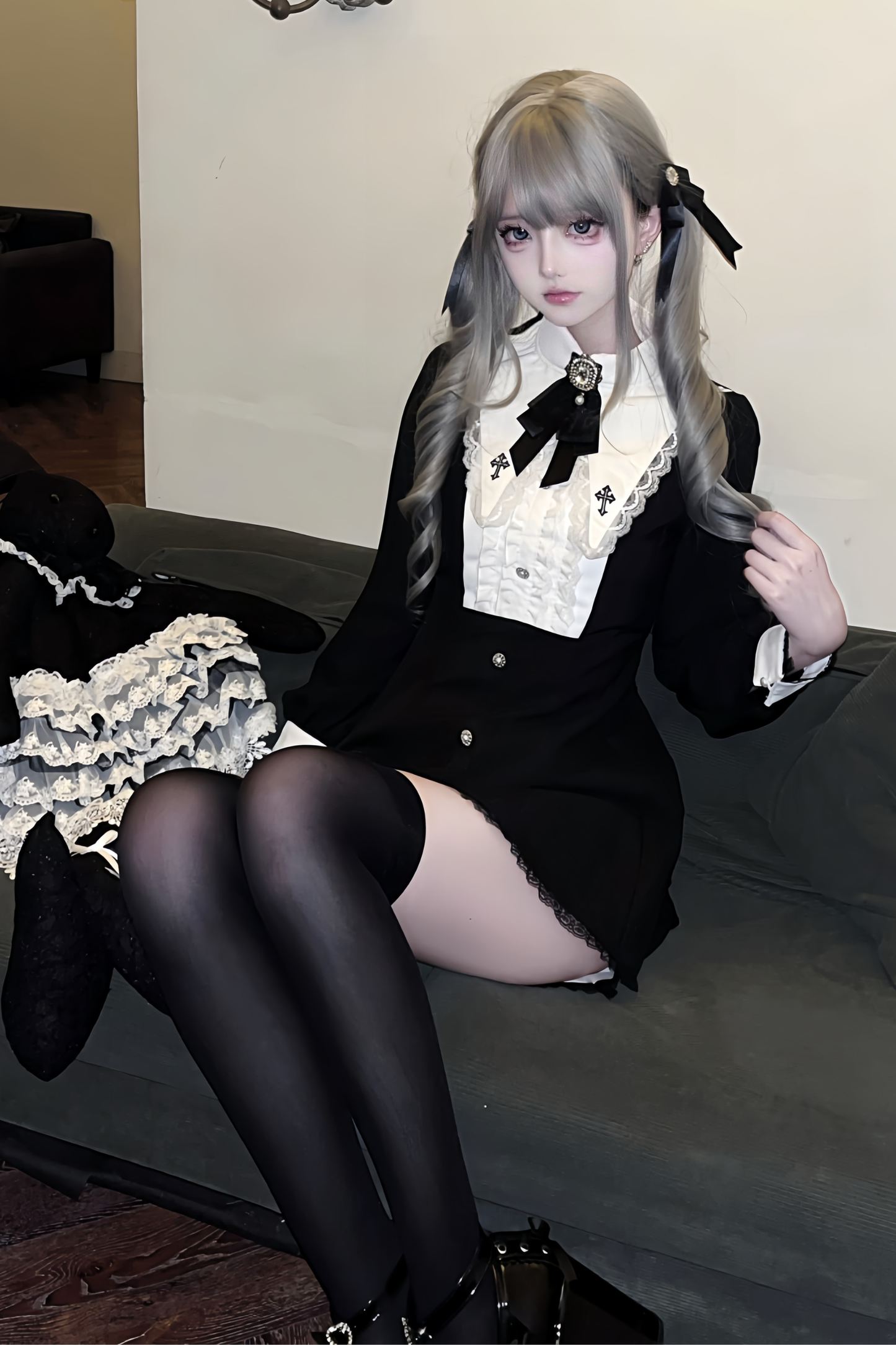 Cross Ruffle Collar Peplum Top + Shorts