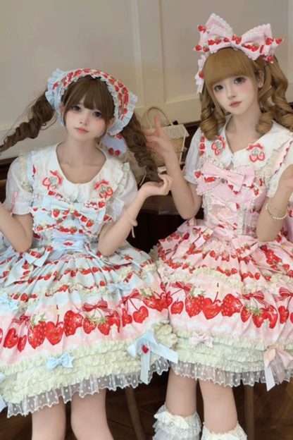 ストロベリーロリータジャンパースカート+ラビットヘアスカーフ+ビッグリボン+トップス+ハット+ボンネット