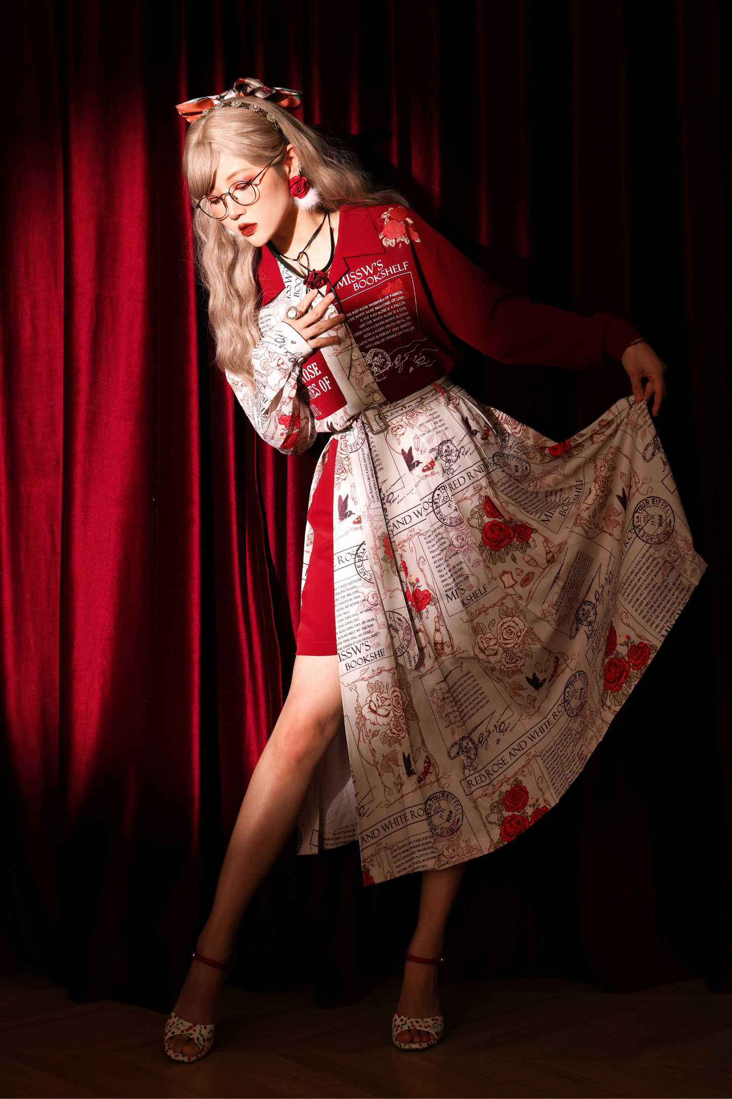 Retro Rose Print Stitch Shirt + Pleated Slit Skirt