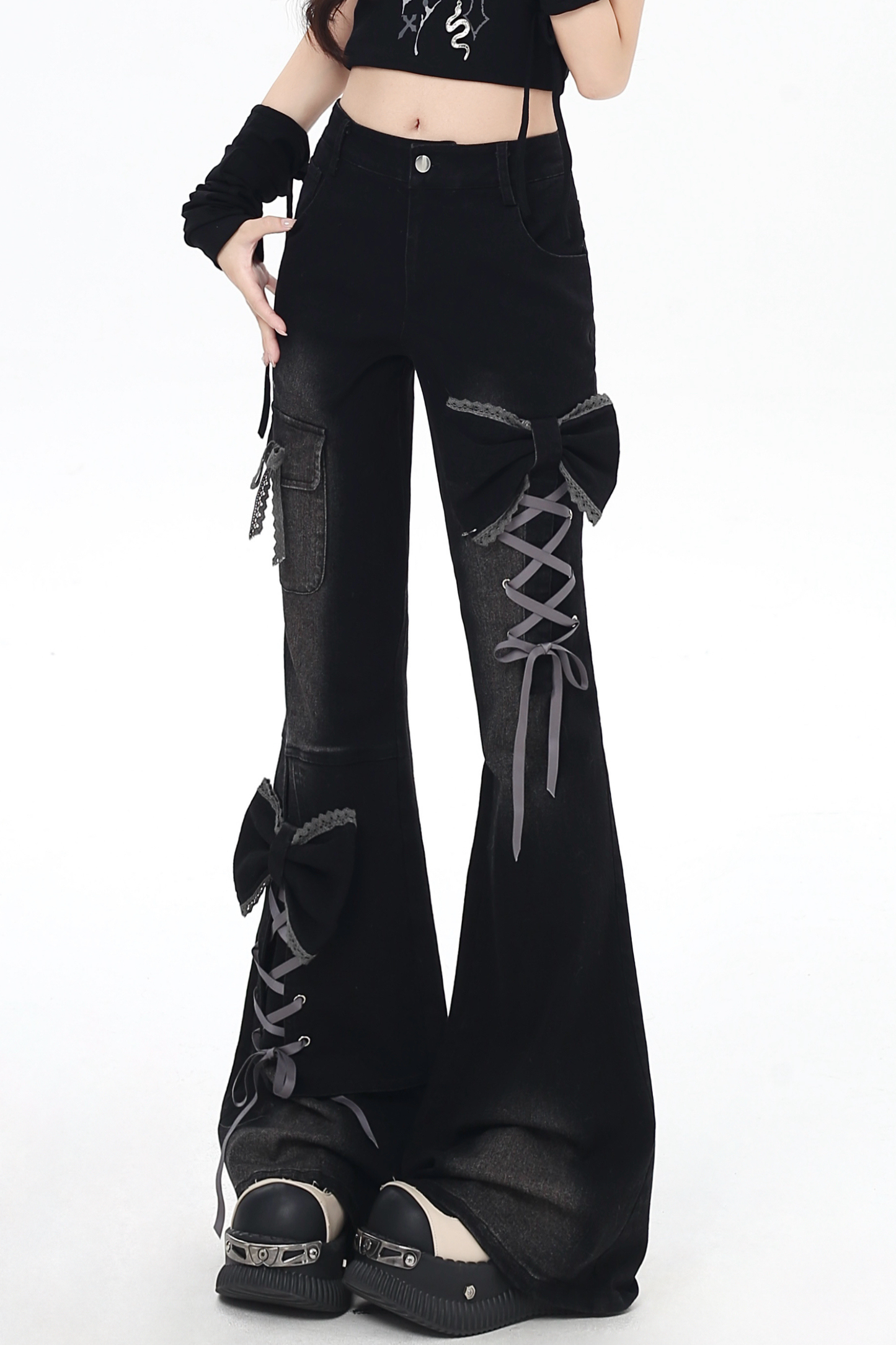 Lace-up flared denim pants