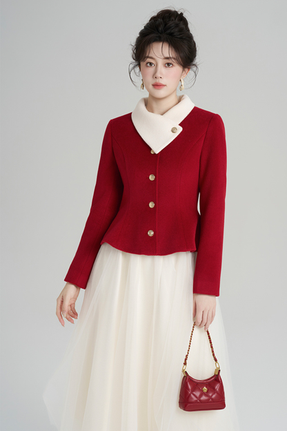 レッドウールンウエストシンチングコート+ロングドレス