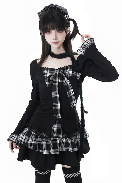 チェックリボントップス+スカート