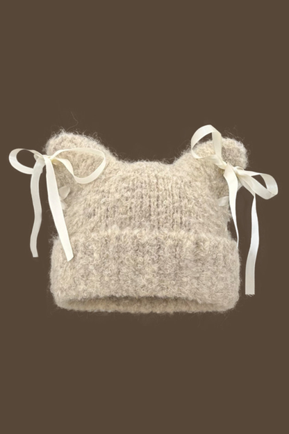 Plush Bow Ribbon Knit Hat