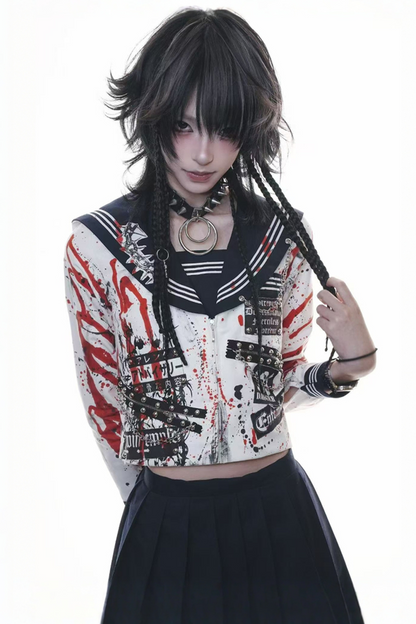 サブカルチャースクールセーラーパンクトップス+プリーツスカート