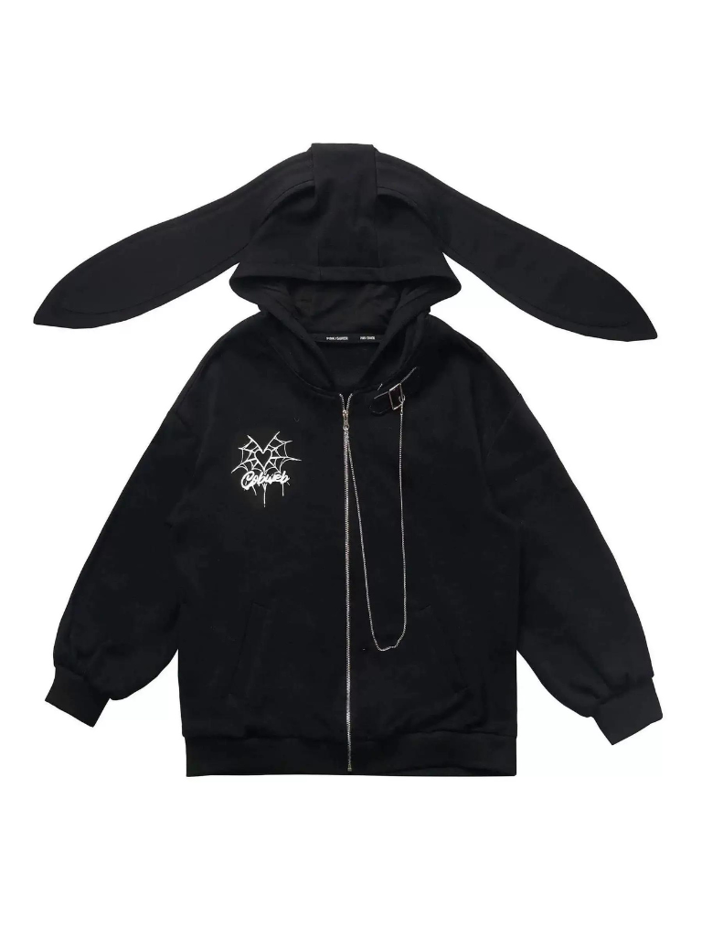 Spider Web Rabbit Ear Chain Strap Hoodie + Slim Suspender Dress