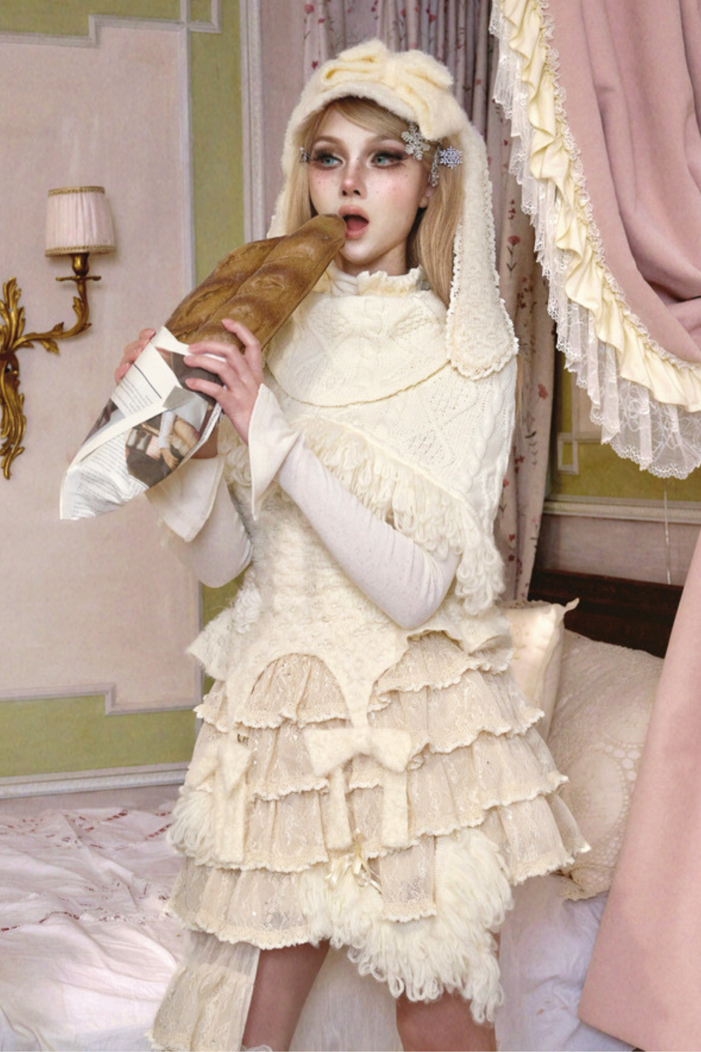 ツイストフリンジニットショートケープ