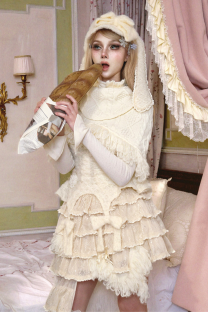 ツイストフリンジニットショートケープ