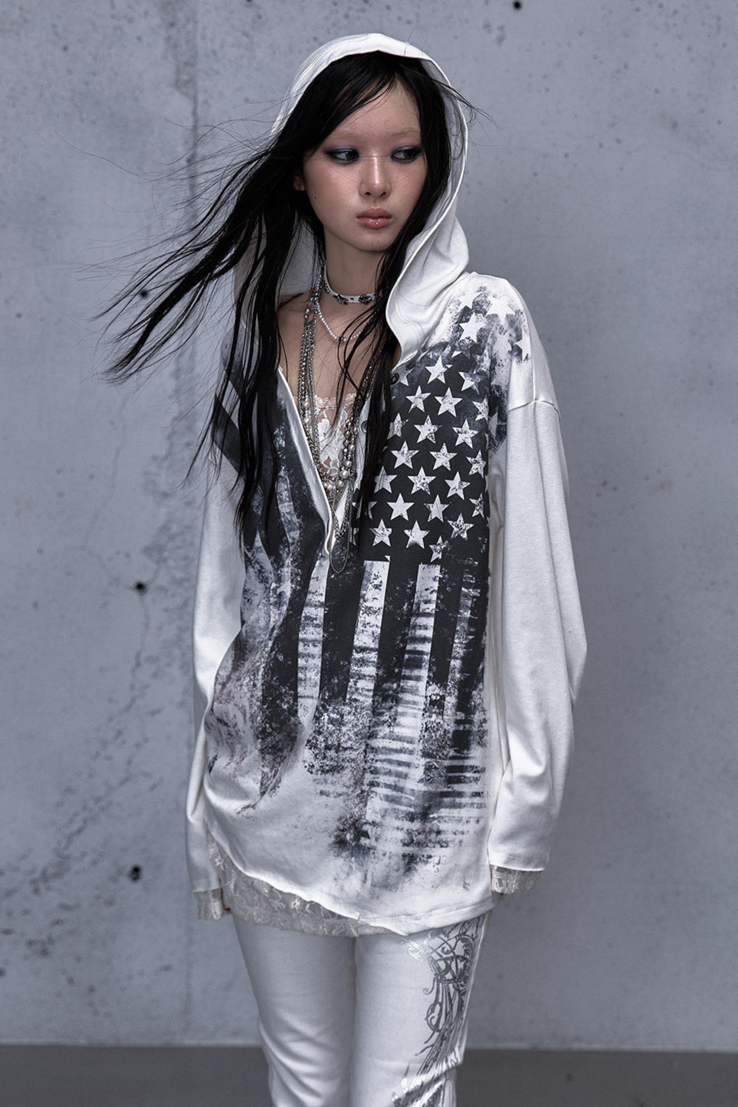 레이스 패치워크 루즈핏 후드 파카