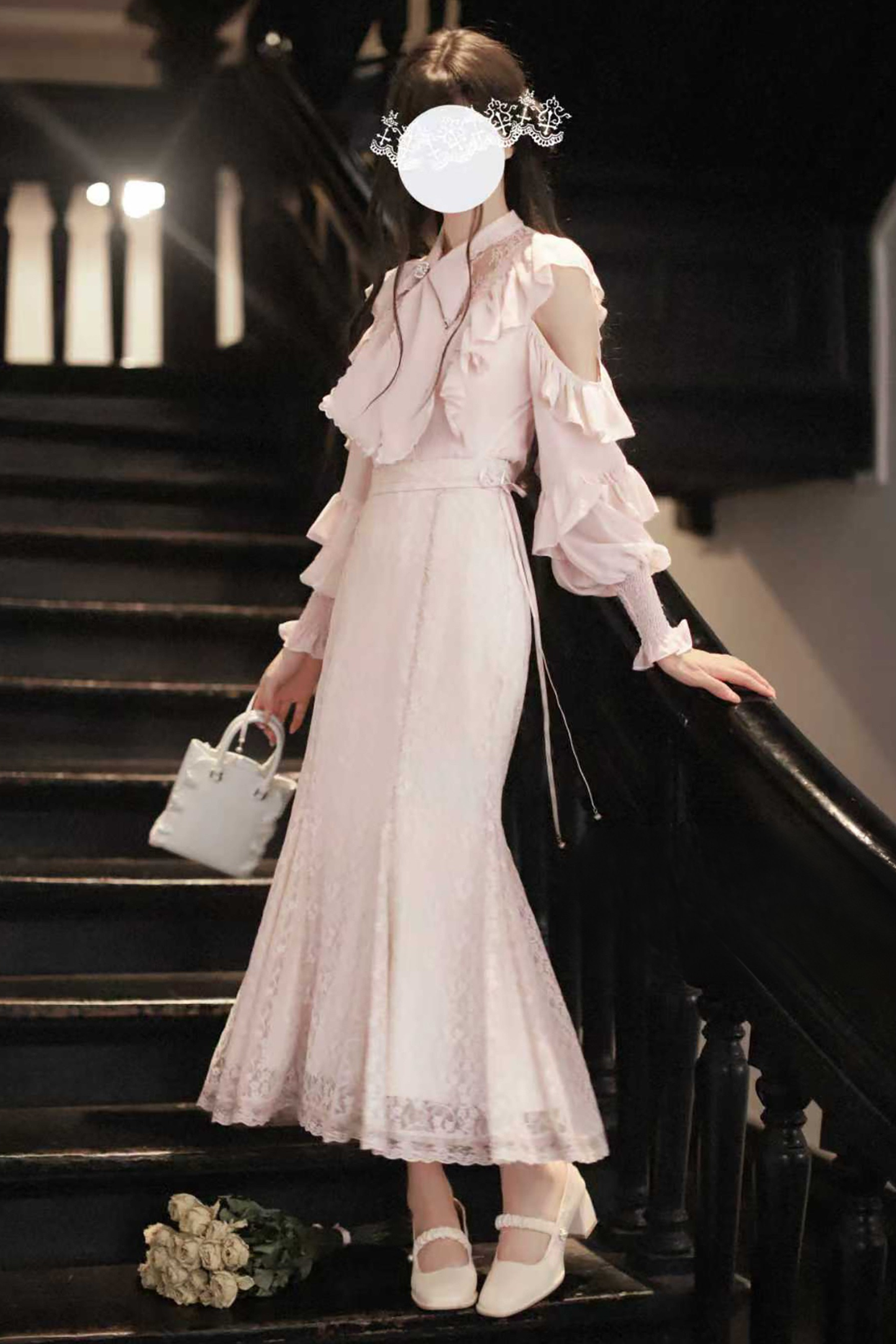 エレガントクリアシフォンビッグリボンシャツ+マーメイドスカート