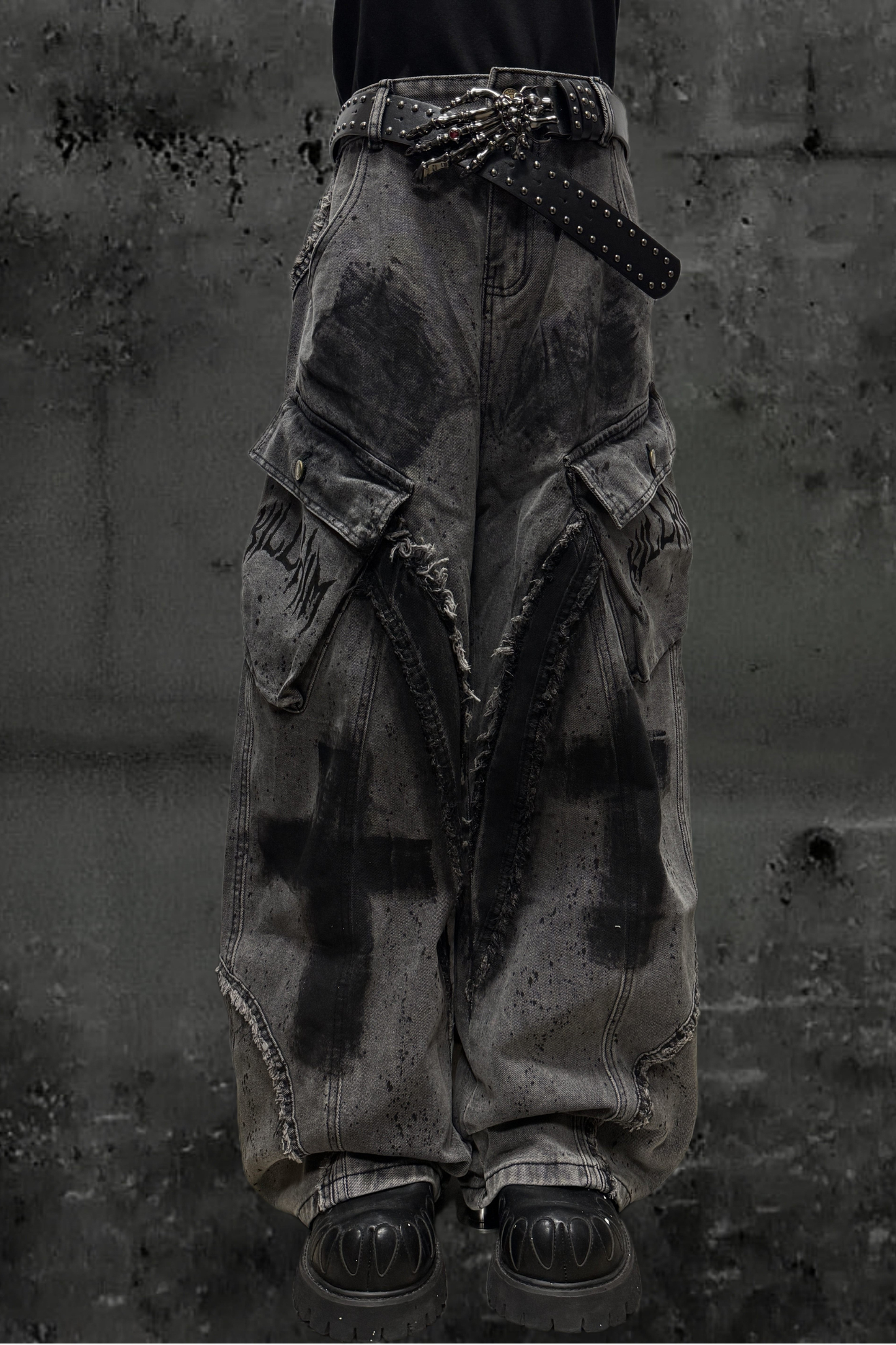 ダーククロススプレーデザインワイドパンツ+ベルト