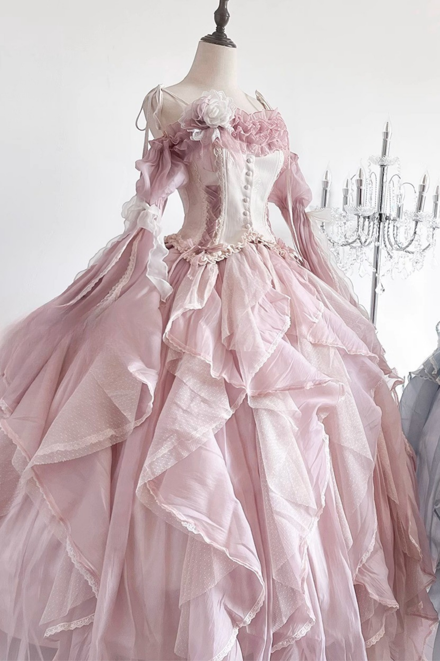 Blue Pink Fishbone Corset Wedding Dress