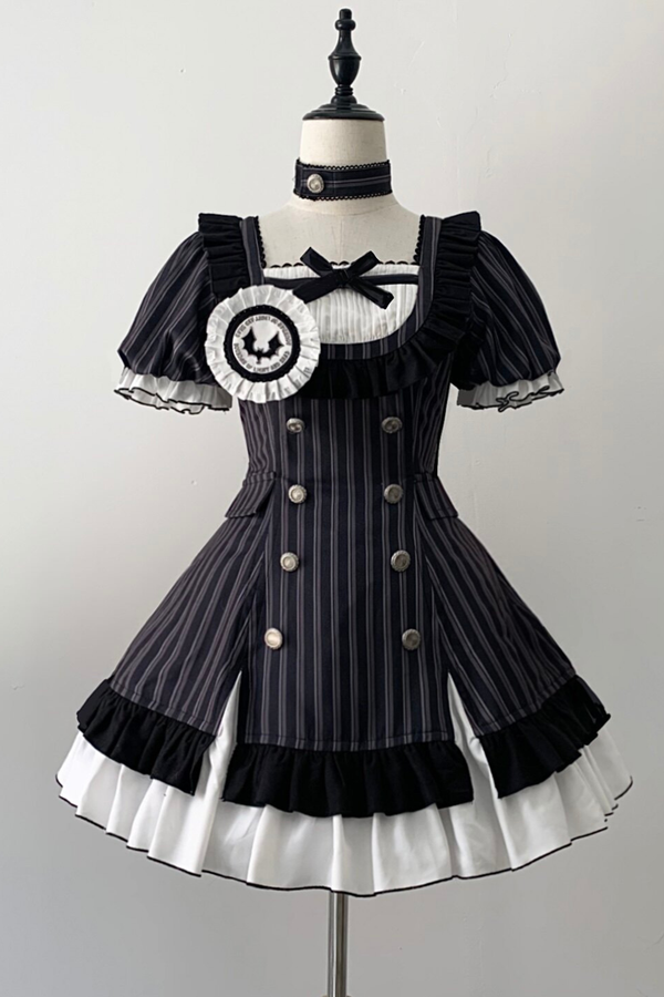 ゴシックロリータストライプドレス+ヘッドバンド+クリップ