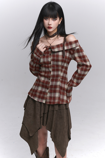 Y2Kチェックオフショルダーシャツ