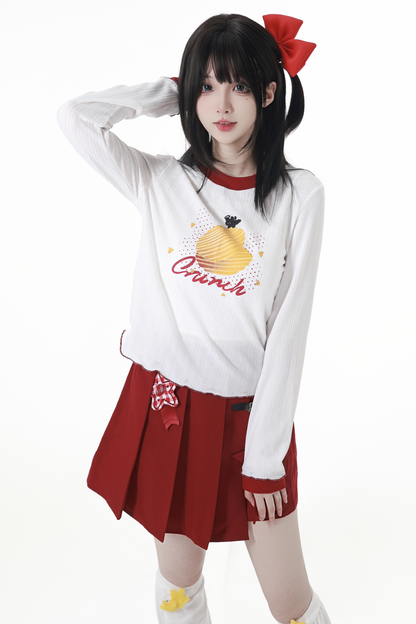 スナックガールフードベスト+トップス+プリーツスカート+レッグウォーマー
