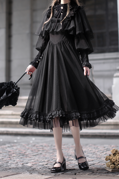 ダークエレガントブラックドットガーゼショールドレス