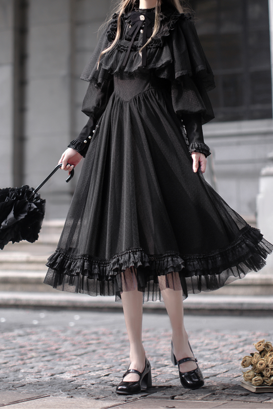 ダークエレガントブラックドットガーゼショールドレス