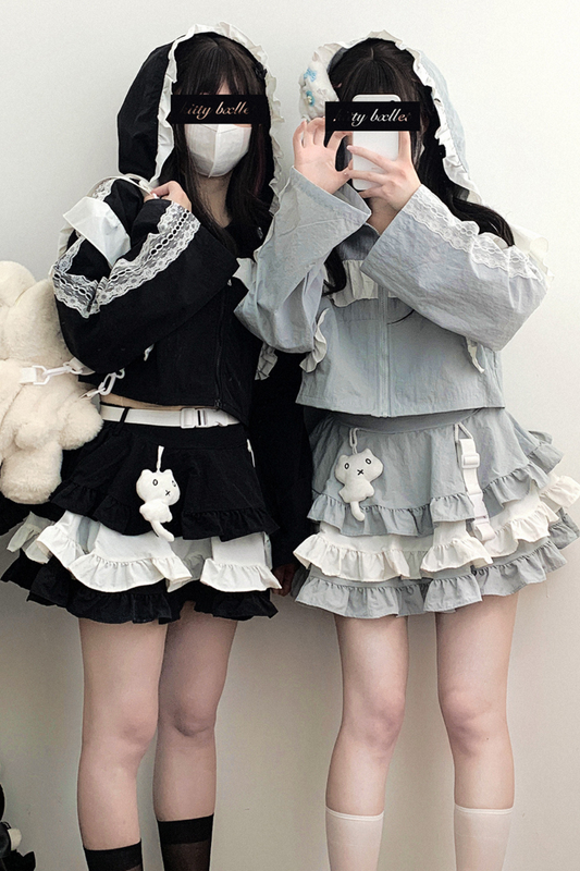 Subculture sweet ruffle hooded top + skirt