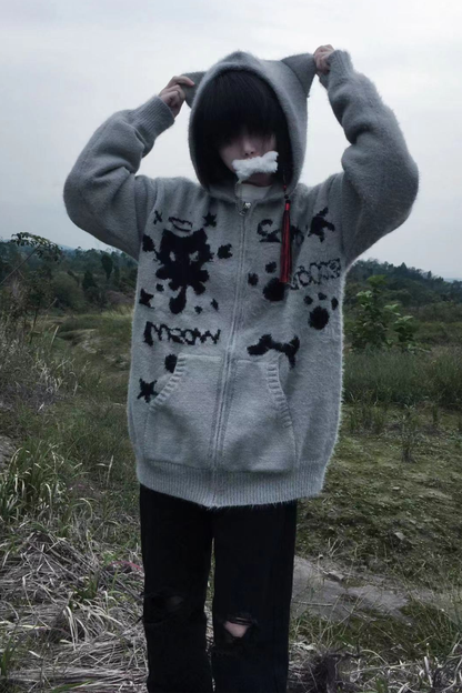 Cat Ear Hood Loose Zip Cardigan