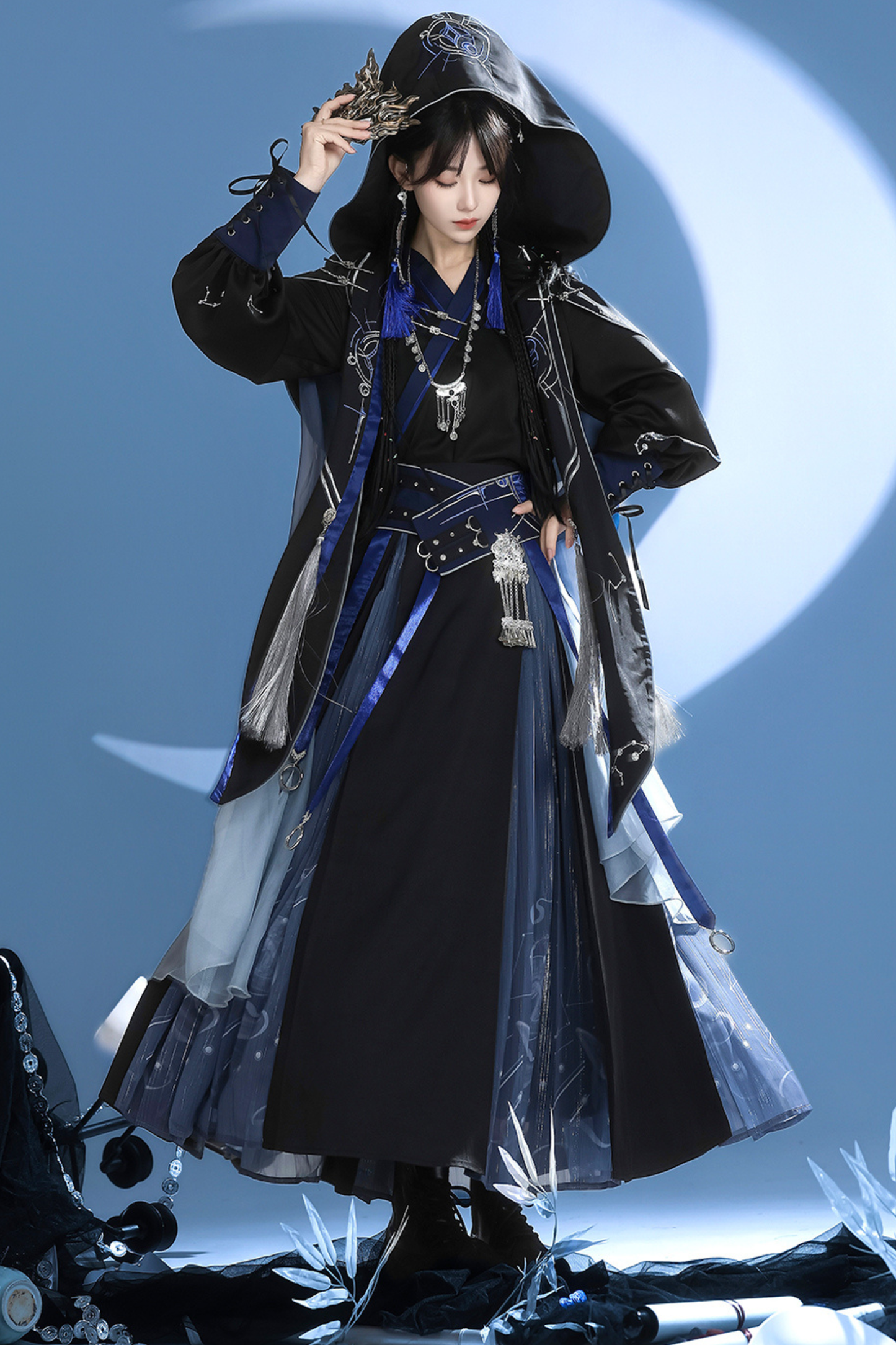 Dark china hooded top + belt + cape + necklace + skirt