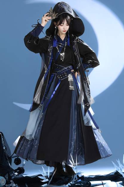 Dark china hooded top + belt + cape + necklace + skirt