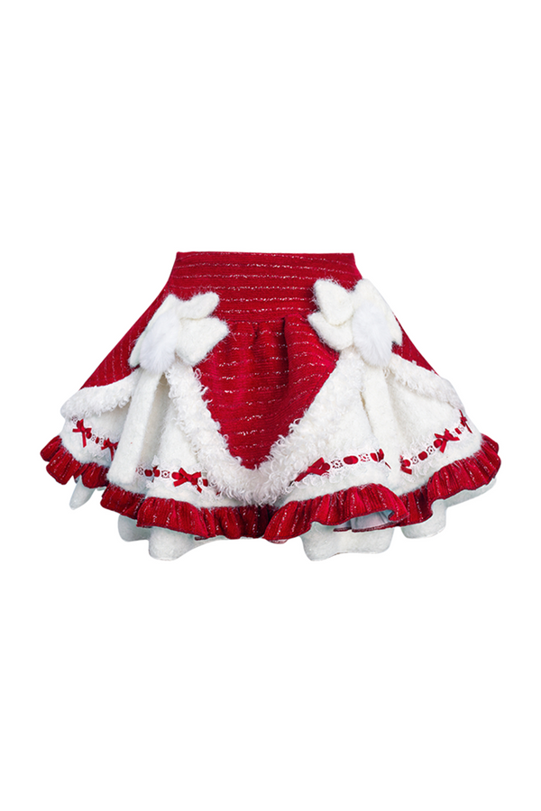 Fur china design vest + red china top + flared short skirt