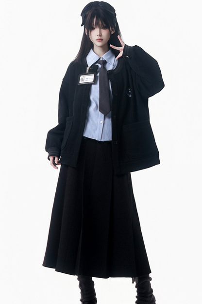 カレッジブルーシャツ+カーディガン+ショートスカート+ロングスカート