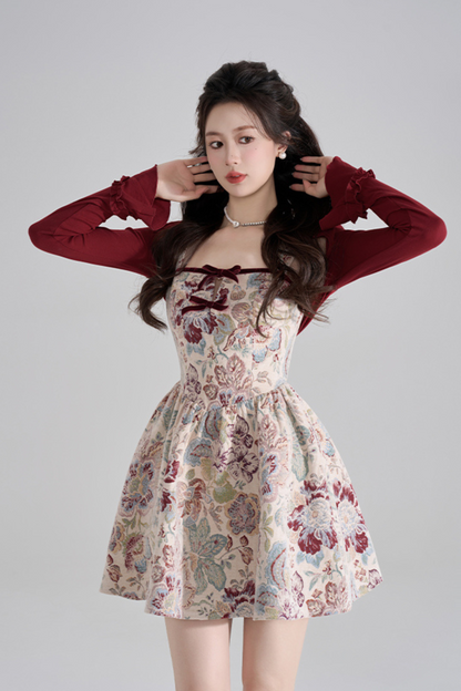 Retro Breeze Fragrance Dress + Short Cardigan