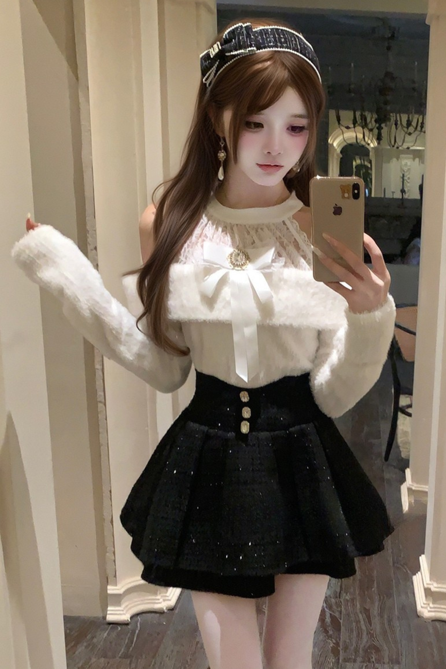 レースオフショルダーニット+スカート