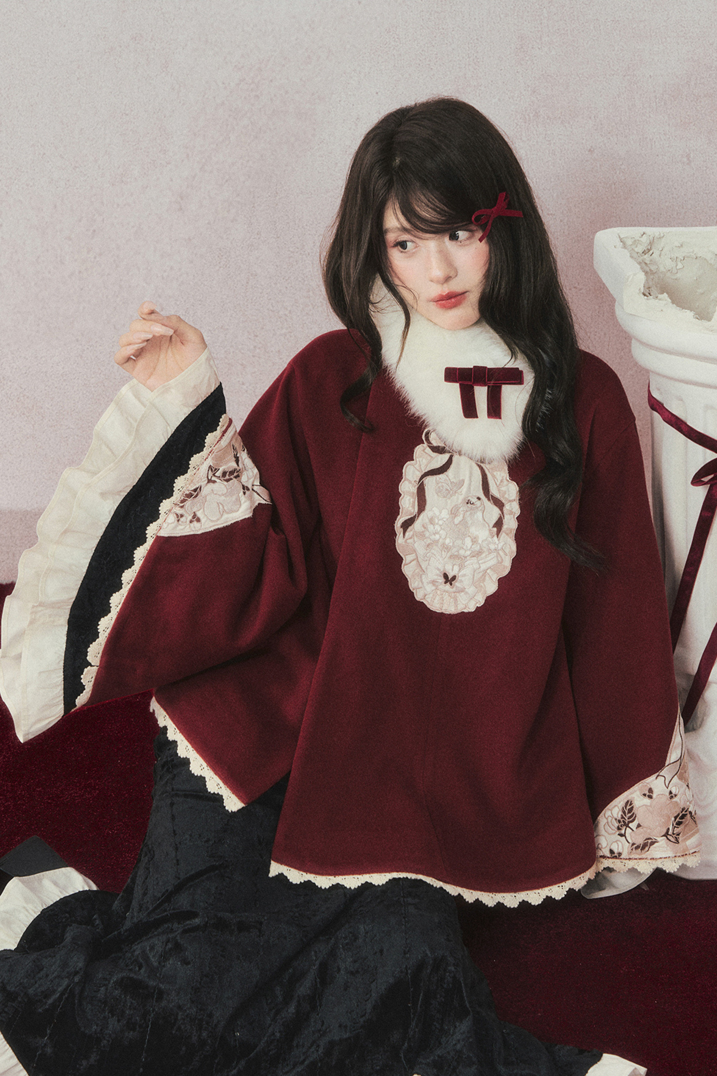 レトロゴージャスブラックベルベットマーメイドテールチャイナドレス+マント