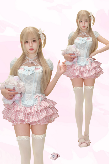 ミントコーンブルーリーリボン+ピンクチェックケーキスカート