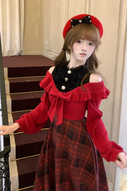 レトロチェックオフショルダードレス