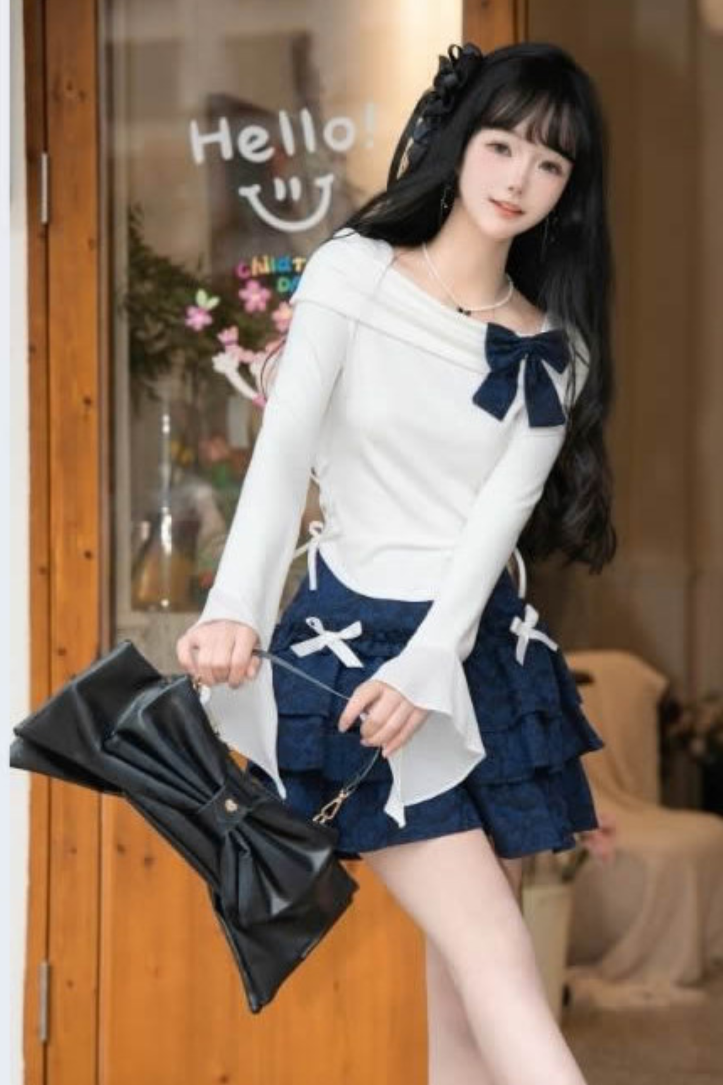 エレガントオフショルダートップス＋リボンスカート