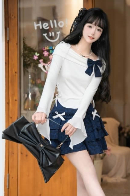 エレガントオフショルダートップス＋リボンスカート