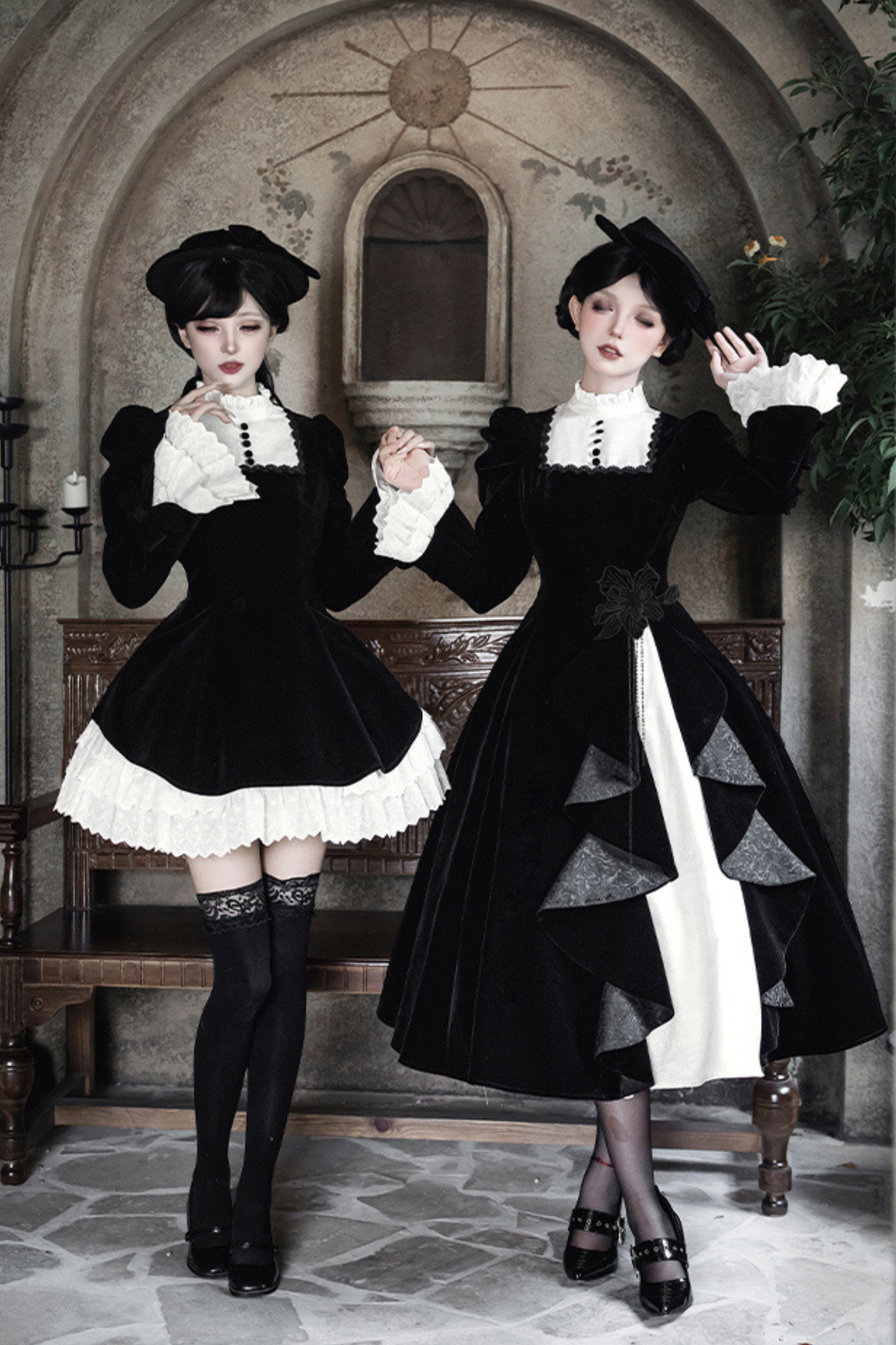 エレガントスリムコントラストカラーツインドレス+カラー+リボン+ブローチ+ハット