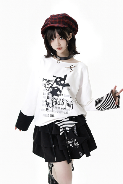 ストライプロックプリントフードジャケット+トップス+ロングパンツ+スカート