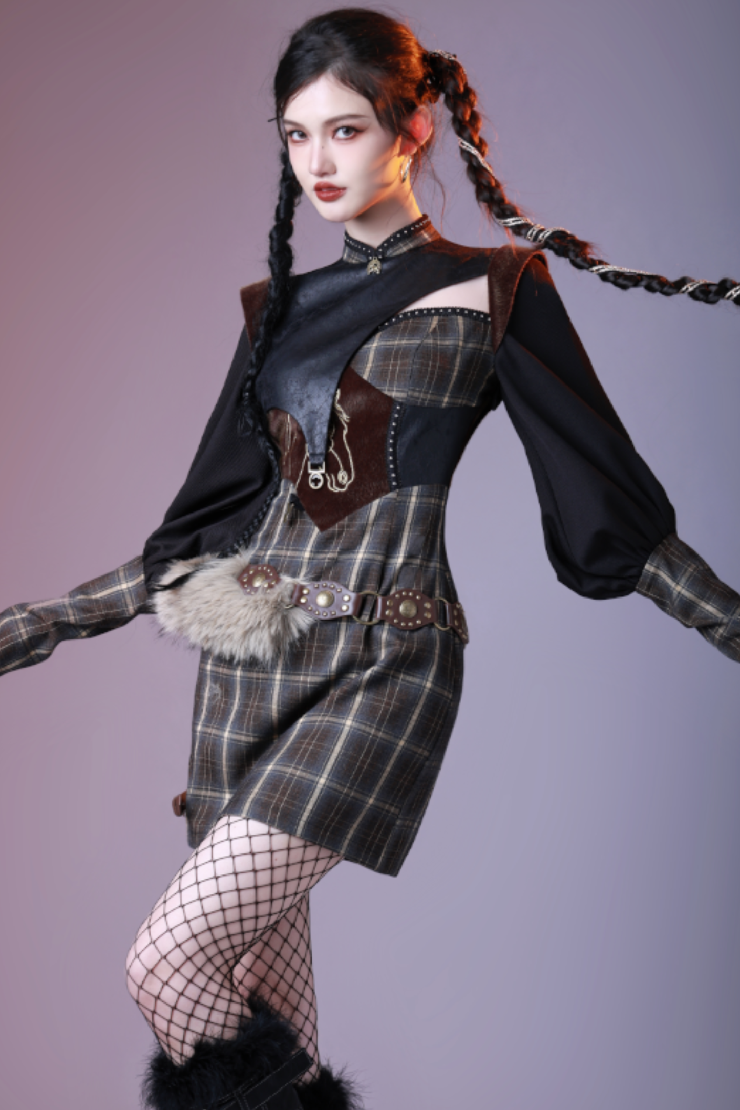 Check Leather Mode Punk Dress