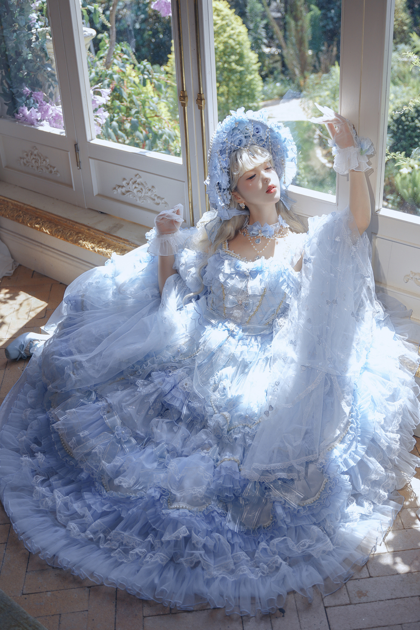 ゴージャスアイスブループリンセスロリータロングドレス