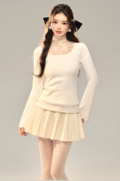 Lace Pile Collar Square Collar Knit Top