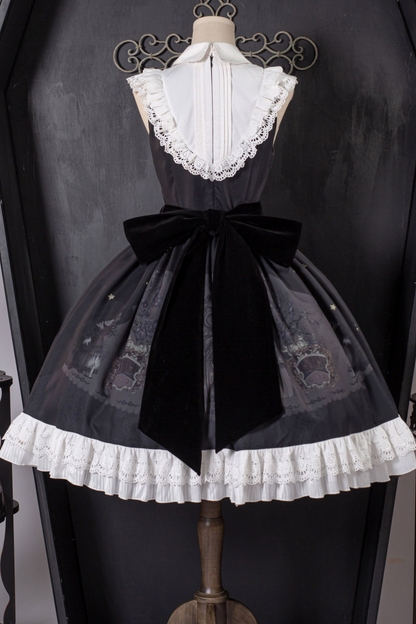 [Reservations] Dark Sleeveless Pleated Print Lapel Lolita Jumperskirt